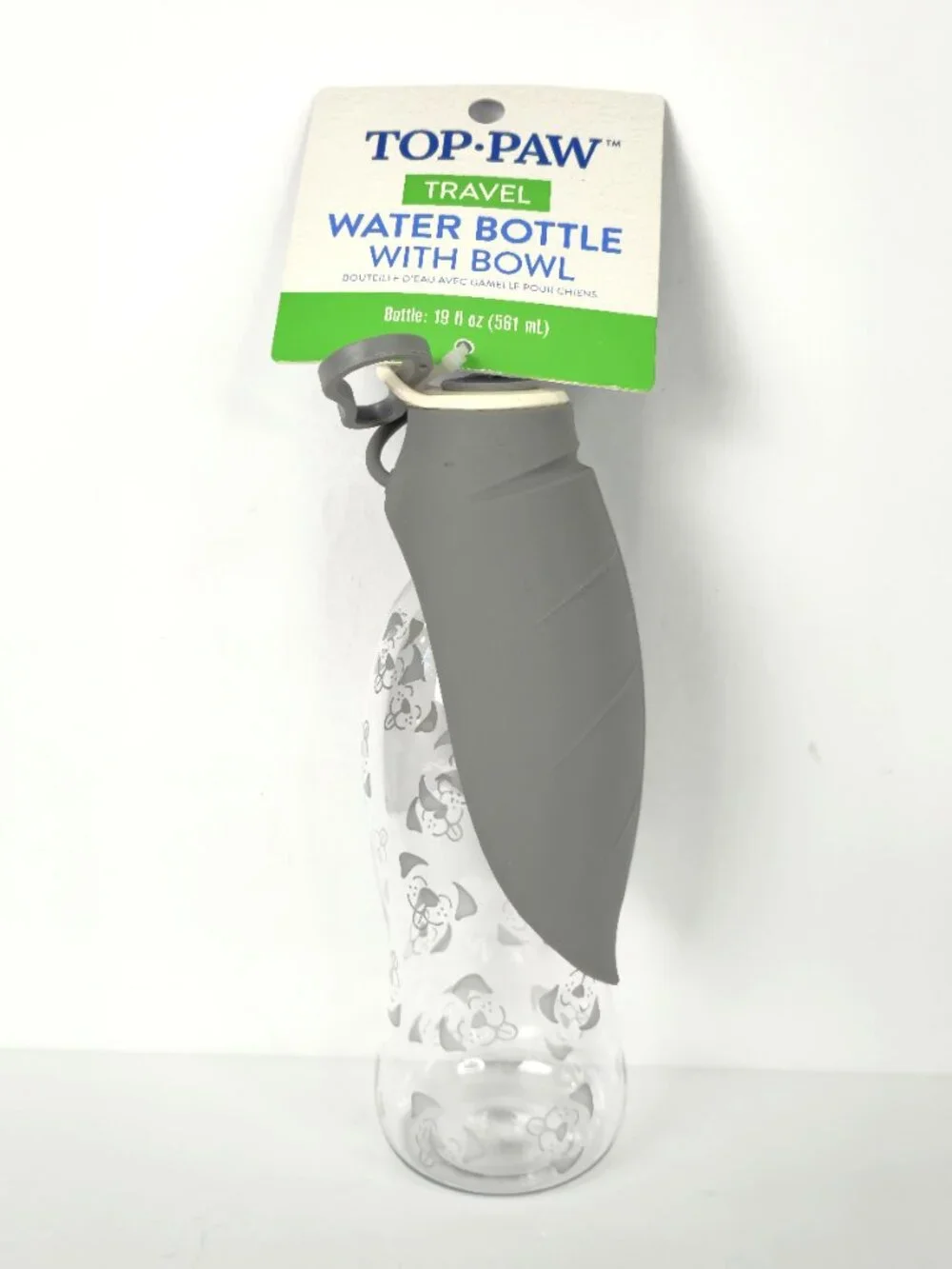 TOP PAW Travel 19 oz Dog Water Bottle with Foldable Silicone Bowl Gray New